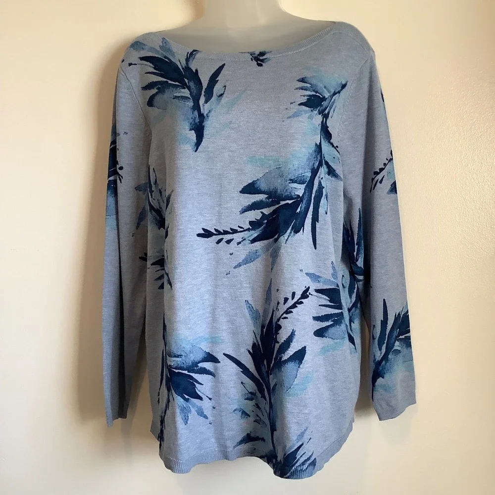 Chicos Blue Leaf Print Boat Neck Sweater Size 2 Large Rayon Blend Long Sleeve - Picture 5 of 13